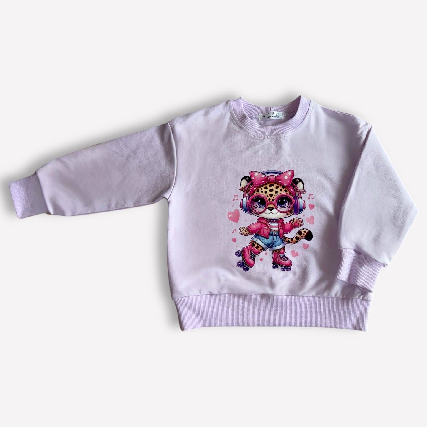Nachhaltiges Sweatshirt Mädchen, Leopardenmotiv, fliederfarben, bequem & stylish