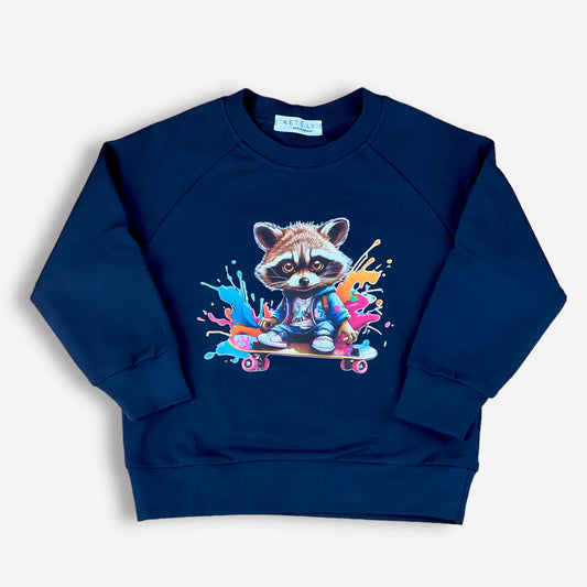 Jungen Sweatshirt Dunkelblau mit Waschbär-Druck